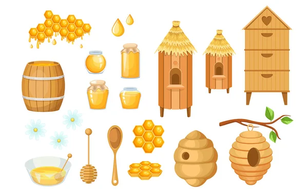 Honigproduktion Imkereiprodukte und -geräte, Glasgefäße, Bienenstock am Baum, Holzwagen und Fass mit Schale — Stockvektor