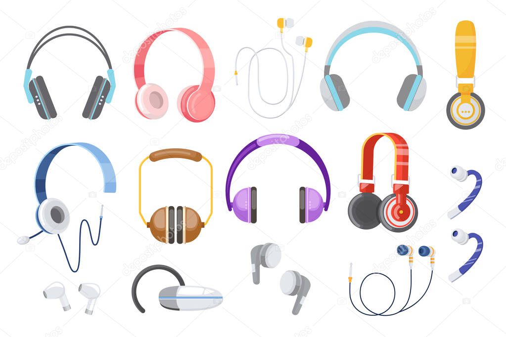 Set of Earphones, Headphones, Wired and Wireless Audio Equipment for Music Listening. Earbuds for Smartphone and Electronic Devices, Accessory Isolated on White Background. Cartoon Vector Illustration