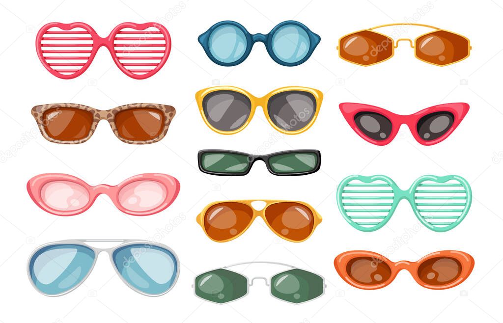 Set of Sunglasses, Summer Accessories for Eye Protection of Sun Rays, Different Modern Design, Stylish Glasses Isolated