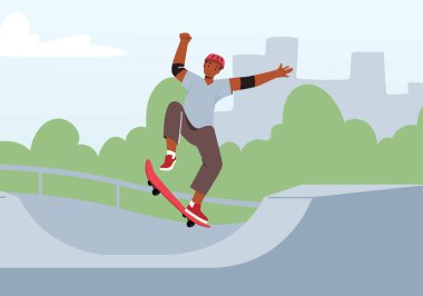 Skateboarding Outdoors Activity. Young Man in Modern Fashioned Clothes and Safety Helmet Jumping on Skateboard clipart