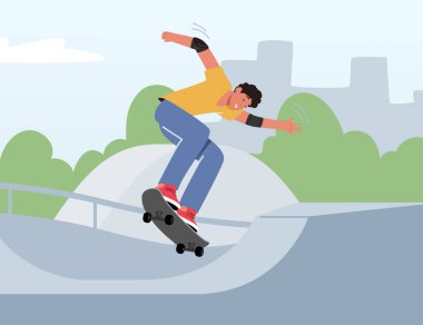 Skateboarding Outdoors Activity. Young Man Jumping on Skateboard Training Extreme Stunts. in City Park. clipart