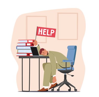 Ofis Masasında Yardım Bayrağı ve Belgeler Yığını Taşıyarak Uzanan Yorgun İşadamı. Fazla çalışma, Burnout