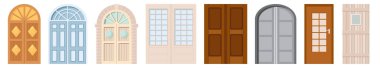 Metal ve Tahta Ön Kapılar ve Kapılar. İzole edilmiş Kulübe Girişleri Çizgi Film Vektör Tasarımı Ahşap veya Taş Kapılı Kapılar