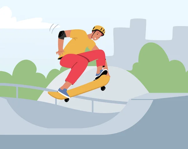Νεαρός με μοντέρνα ρούχα και Hardhat Jumping on Skateboard. Skateboarder αρσενικό χαρακτήρα Εξωτερικές δραστηριότητες — Διανυσματικό Αρχείο