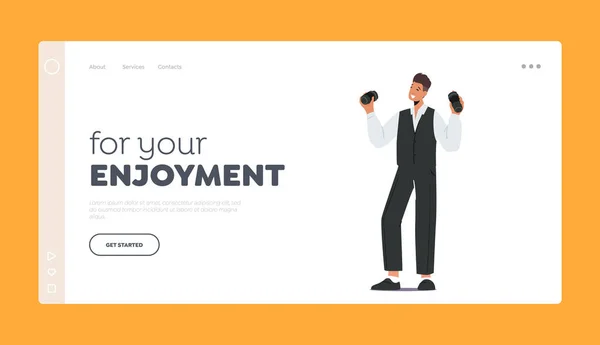 Barman Work Landing Page Template (en inglés). Barista Hombre Carácter Hacer cóctel en Shaker. Camarero hacer bebida alcohólica — Archivo Imágenes Vectoriales