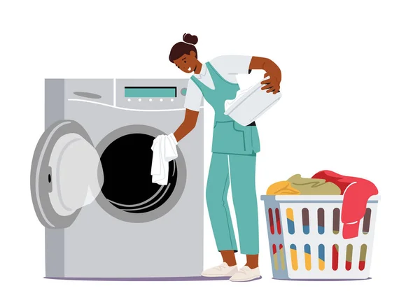 Industrial or Domestic Launderette Washing and Cleaning Service. Worker Female Character in Public Dry Cleaning Laundry — Stock Vector