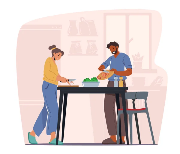 Cucina familiare a casa, uomo e donna Preparano la cena con prodotti freschi in tavola. Giovane coppia personaggi cuoco — Vettoriale Stock