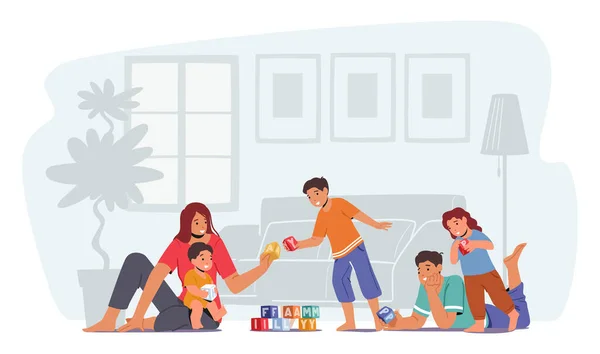 Happy Family Spare Time, Ouders met Kinderen Vrije tijd. vader en moeder spelen speelgoed met kinderen zitten op de vloer — Stockvector