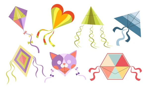 Conjunto de cometas de dibujos animados Iconos vectoriales aislados. Juguetes de papel para niños con alas brillantes y cintas de arco iris en la cola. Gato volador — Vector de stock