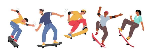 Conjunto de actividades de skate para niños y niñas. Jóvenes Patinaje Longboard, Saltar y hacer acrobacias y trucos — Vector de stock