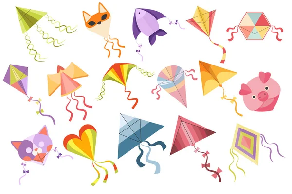 Σύνολο χαρτών, κινούμενα σχέδια Kid Παιχνίδια Vector Icons. Πολύχρωμα Flying Fox, Cat and Fish, Heart, Rhombus ή Pig Bright Winged Παιχνίδια — Διανυσματικό Αρχείο