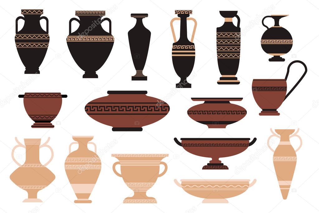 Set of Icons Ancient Amphora, Museum Art, Gallery Exhibition. Old Greek or Roman Clay Crockery Isolated on White Background. Historical Pots, Jars, Vases with Ornament. Cartoon Vector Illustration