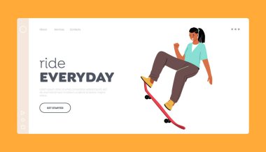 Kaykay Hobi İniş Sayfası Şablonu. Paten pistinde Kadın Kaykay Karakteri Gösteri Gösterisi. Genç Paten Yarışması