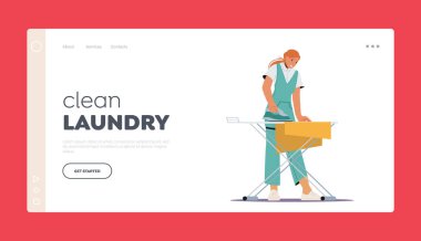 Çamaşırhane İniş Sayfası Şablonunda Temiz Kıyafetler Ütüleyen Kız. Ev hanımı ya da çamaşırhanede çalışan hizmetçi. Çalışan Çalışan
