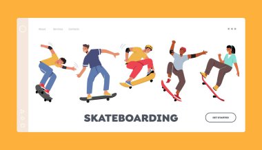 Erkekler ve Kızlar Kaykay Aktivitesi İniş Şablonu. Gençler Paten Kayıyor, Atlıyor ve Dublörlük Yapıyor