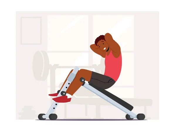 African Man Swinging Press na ławce Spadek w siłowni. Sportsman Praca nad aparaturą treningową. Mężczyzna Character Fitness Trening — Wektor stockowy