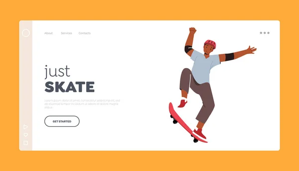 Skateboarding Outdoor Activity Landing Page Sablon. Férfi modern ruhák és biztonsági sisak ugrás a gördeszka — Stock Vector