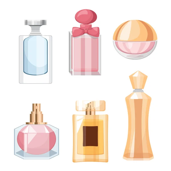 Set de botellas de perfume, producto de belleza en frascos de vidrio y frascos con pulverizadores de bomba, cosméticos aromáticos para hombres o mujeres — Vector de stock
