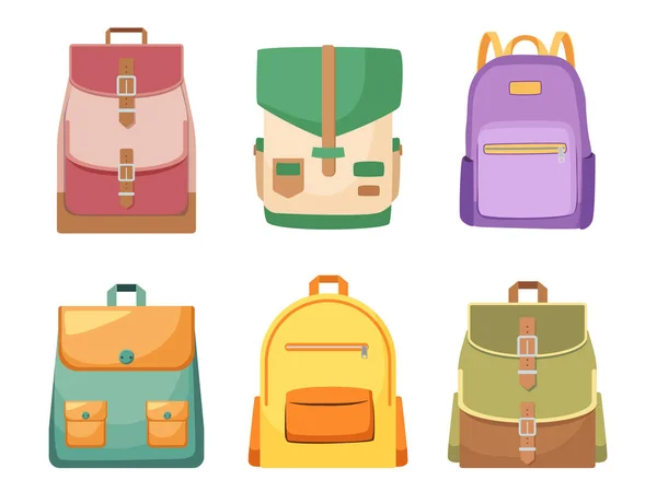 Рюкзаки, рюкзаки и школьные сумки для детей. Современные школьные сумки с яркими красками, сумки со стропами — стоковый вектор