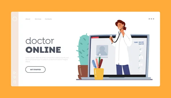 Doctor Online Landing Page Template Medicine Nurse Character with Stethoscope Stand at Huge Laptop Screen, Medic Help — стоковий вектор