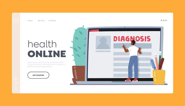 Health Online Landing Page Template. Пациент читает диагноз медицины Описание на экране ноутбука. Умные технологии — стоковый вектор