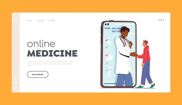 Online Medicine Landing Page Template. Slimme medische technologie. Doctor schudden hand met patiënt op Enorme Phone Screen — Stockvector