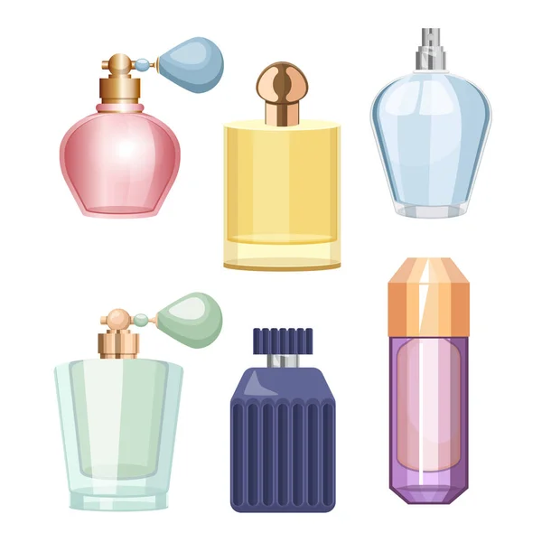 Ensemble de flacons de parfum, flacons de cosmétiques et flacons en verre avec pulvérisateur liquide et pompes. Parfum, hommes ou femmes Parfumerie — Image vectorielle