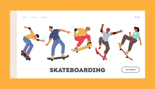 Chłopcy i dziewczęta Skateboarding Activity Landing Page Template Set. Młodzi ludzie łyżwiarstwo Longboard, Jump and Making Stunts — Wektor stockowy