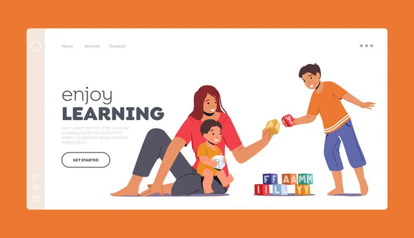 Part Playing with Children Landing Page Template. Счастливого семейного отдыха. Любить маму и малыша в свободное время — стоковый вектор