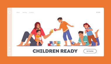 Mutlu Aile Vakti İniş Sayfa Şablonu. Çocuklu Ebeveynler Boş Zaman. Anne ve Baba Çocuklarla Oyuncak Oynuyor