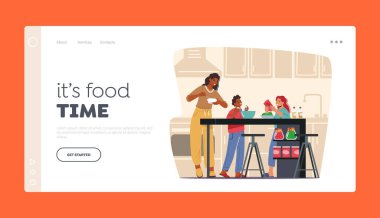 Ev Mutfağı İniş Şablonu 'nda Mutlu Aile. Anne çocuklara yemek pişirmeyi öğretiyor, çocuklar ailelere yardım ediyor.