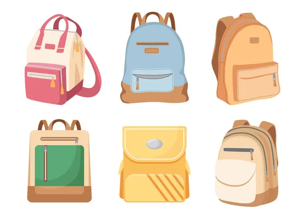 Ensemble de sacs à dos pour étudiants, Cartables pour filles et garçons, Sacs d'école pour enfants, Sacs à dos modernes et sacs à dos pour bébé — Image vectorielle