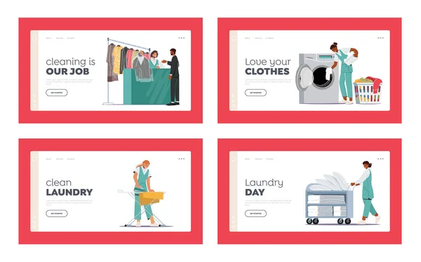 Charaktere, die in der chemischen Reinigung der Wäscherei arbeiten Landing Page Template Set. Arbeiter lädt schmutzige Kleidung in Waschmaschine — Stockvektor