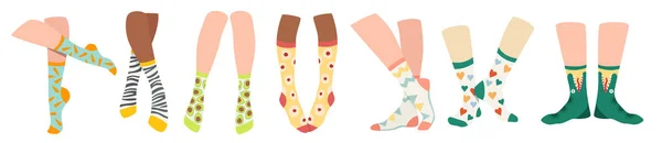 Set de Piernas en Calcetines, Calcetines largos de algodón de moda con estampados coloridos. Diseño moderno de la colección para ocasiones especiales — Vector de stock