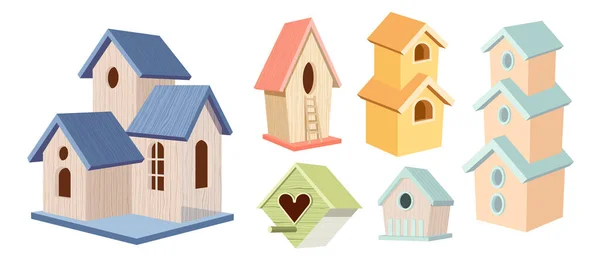 Set med trä fågelhus, tvåvåningshus och trevåningshus trä färgglada fågelhus, hem eller bo med lutning tak och staket — Stock vektor