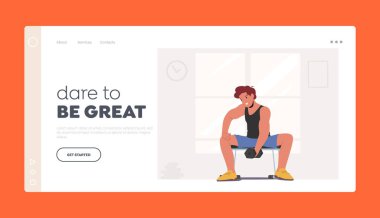 Spor etkinliği, Fitness iniş sayfası şablonu. Sportsman Powerlifter Spor Salonu 'nda Dumbbell ile antrenman. Karakter Egzersizi