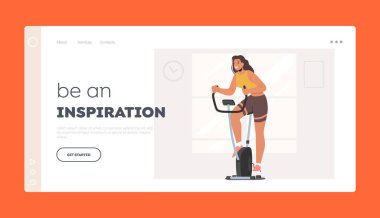 Spor Spor İniş Sayfası Şablonu. Egzersiz Bisikletinde Kadın Eğitimi. Kardiyo Yapan Sağlıklı Kadın Karakteri