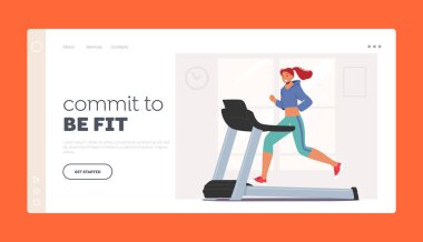 Spor Salonu İniş Şablonu 'nda Spor Eğitimi. Koşu bandında koşan atletik kadın. Kız Karakteri Sağlıklı Yaşam Tarzı