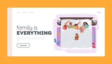 Aile Uyuyan İniş Sayfa Şablonu. Anne, Baba, Çocuklar ve Kedi Karakterleri Gece Tek Yatakta Birlikte Uyurlar