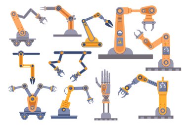 Beyaz Arkaplan 'da izole edilmiş Robotik Kollar ve Mekanik Pençeler Koleksiyonu. Robot Otomatik Eller, Manipülatörler