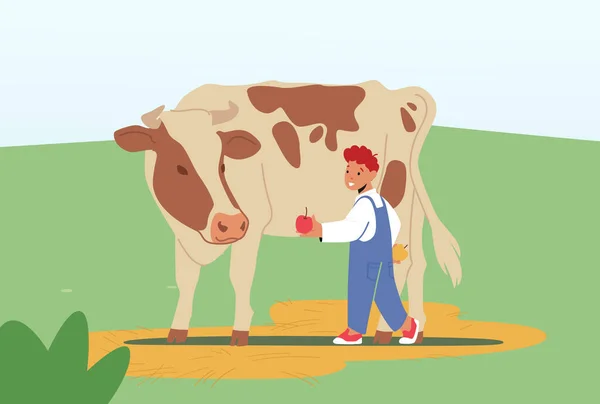 Vrolijke Kid Feeding Cute Cow op Farm of Outdoor Zoo Park. Little Boy geeft Apple aan Calf. Kind brengt tijd door in het park — Stockvector
