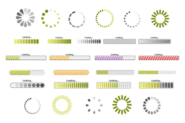 Ensemble de barres de progression de chargement, d'icônes de processus et d'état pour la conception d'interface. Éléments de tableau de bord, navigation numérique Ui — Image vectorielle