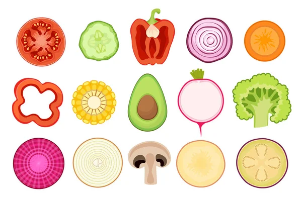 Ensemble d'icônes tranches de légumes tomate, concombre, maïs et poivre avec avocat et oignon. Carottes, radis et brocolis — Image vectorielle