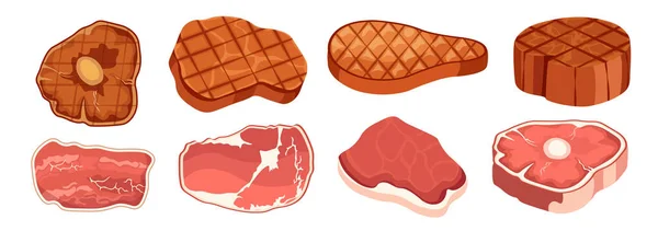 Set of Icons Steak Raw and Fried Chops. Pedaços de carne assada e fresca, churrasqueira ou churrasqueira, fatias de carne fresca e feita — Vetor de Stock