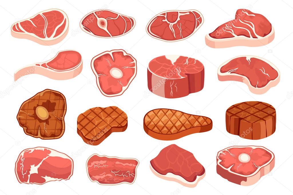 Set of Icons Raw and Grilled Steak Chops. Meat Sirloin Roast and Fresh Pieces, Tenderloin with Bone Barbeque Meal