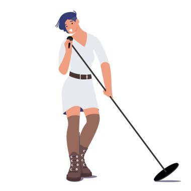 Sahnedeki Kadın Mikrofonda Müzik Grubu 'nda Şarkı Söylüyor, Karaoke Bar ya da Gece Kulübü' nde. Vokalist Eğlendiren Şarkıcı