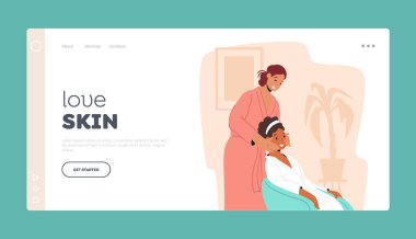 Kozmetoloji, Skincare İniş Sayfa Şablonu. Kadın Karakteri Evde Yüz Prosedürü Uygula. Doğal Güzellik Kozmetikleri