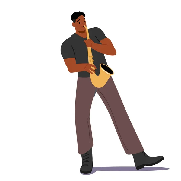 Caractère masculin africain jouant du saxophone isolé sur fond blanc. Musique Jazz Band Divertissement, Concert, Sax — Image vectorielle