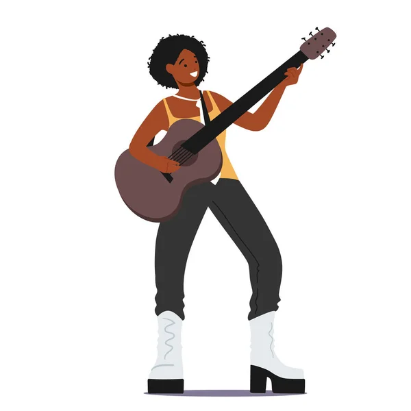 Afrikai női karakter játszik akusztikus gitár Performing Rock vagy Country Melody. Zenész Éneklés és játék — Stock Vector