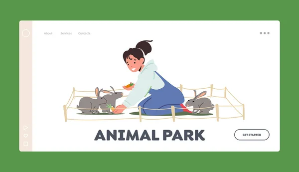Modello di pagina di atterraggio del parco animale. Happy Kid personaggio giocare e nutrire conigli in fattoria o zoo. Ragazza cura di conigli — Vettoriale Stock